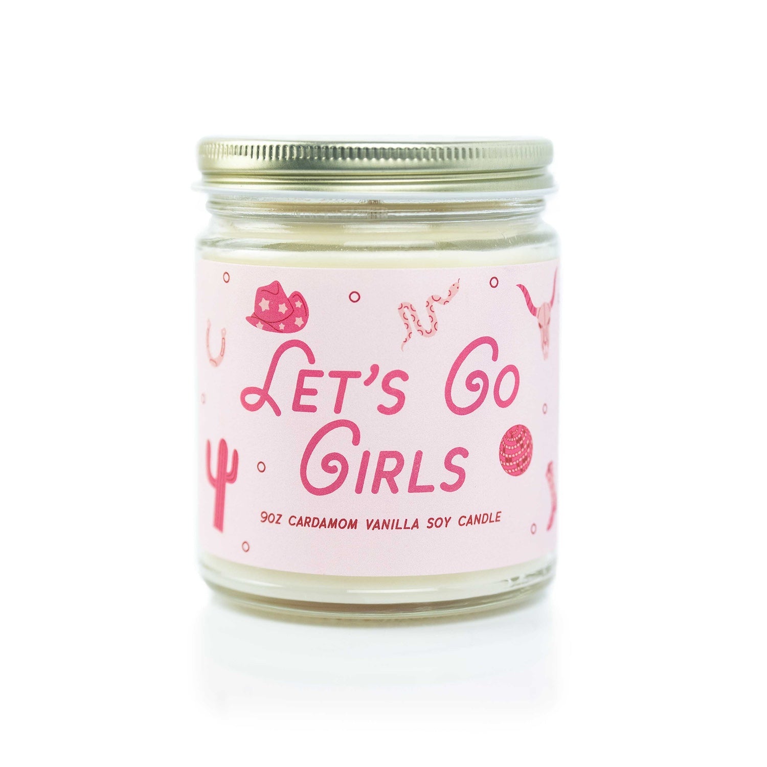 9oz 'Let's Go Girls' Soy Candle on white background. 