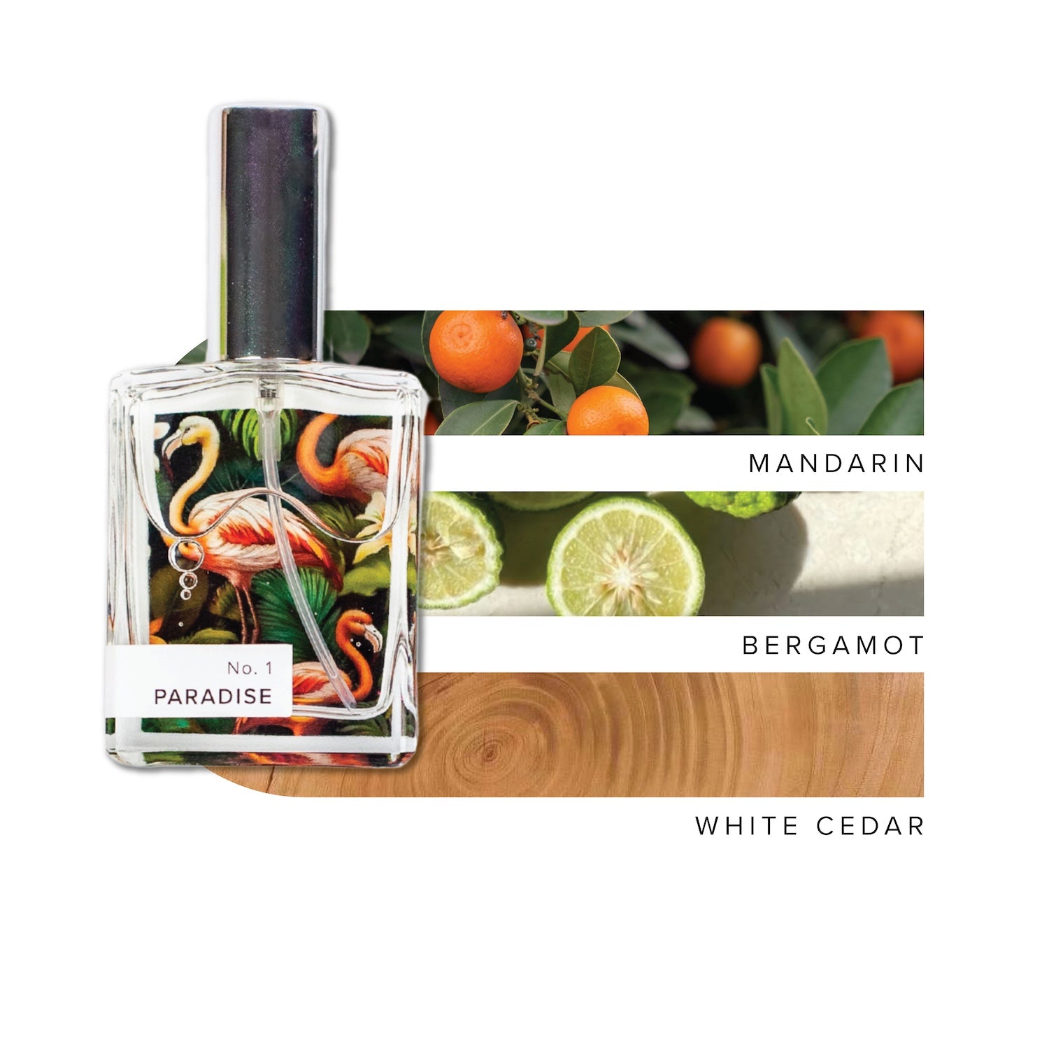 Perfume bottle with tropical design on a white background