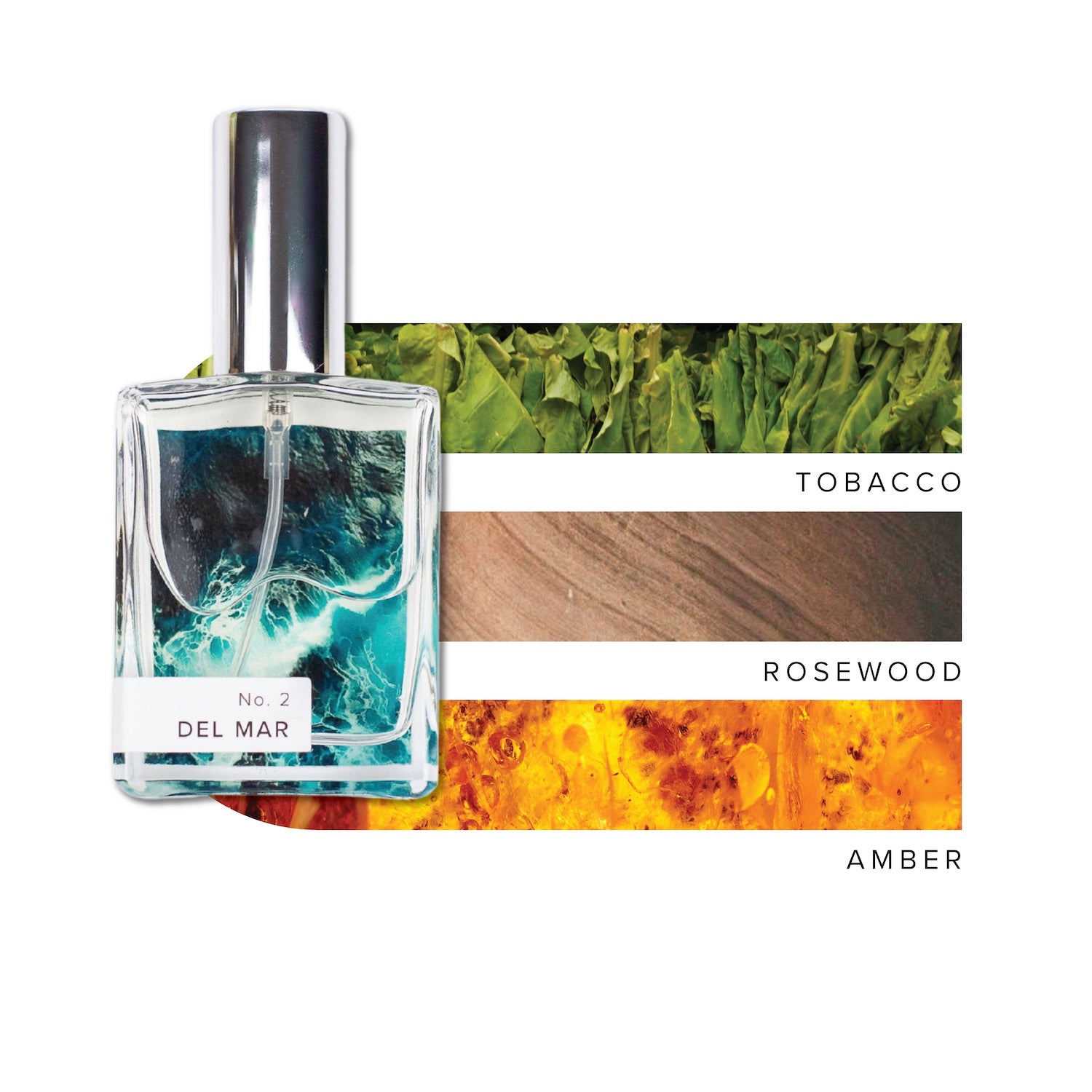 Perfume bottle with color swatches labeled 'Tobacco', 'Rosewood', and 'Amber' on a white background