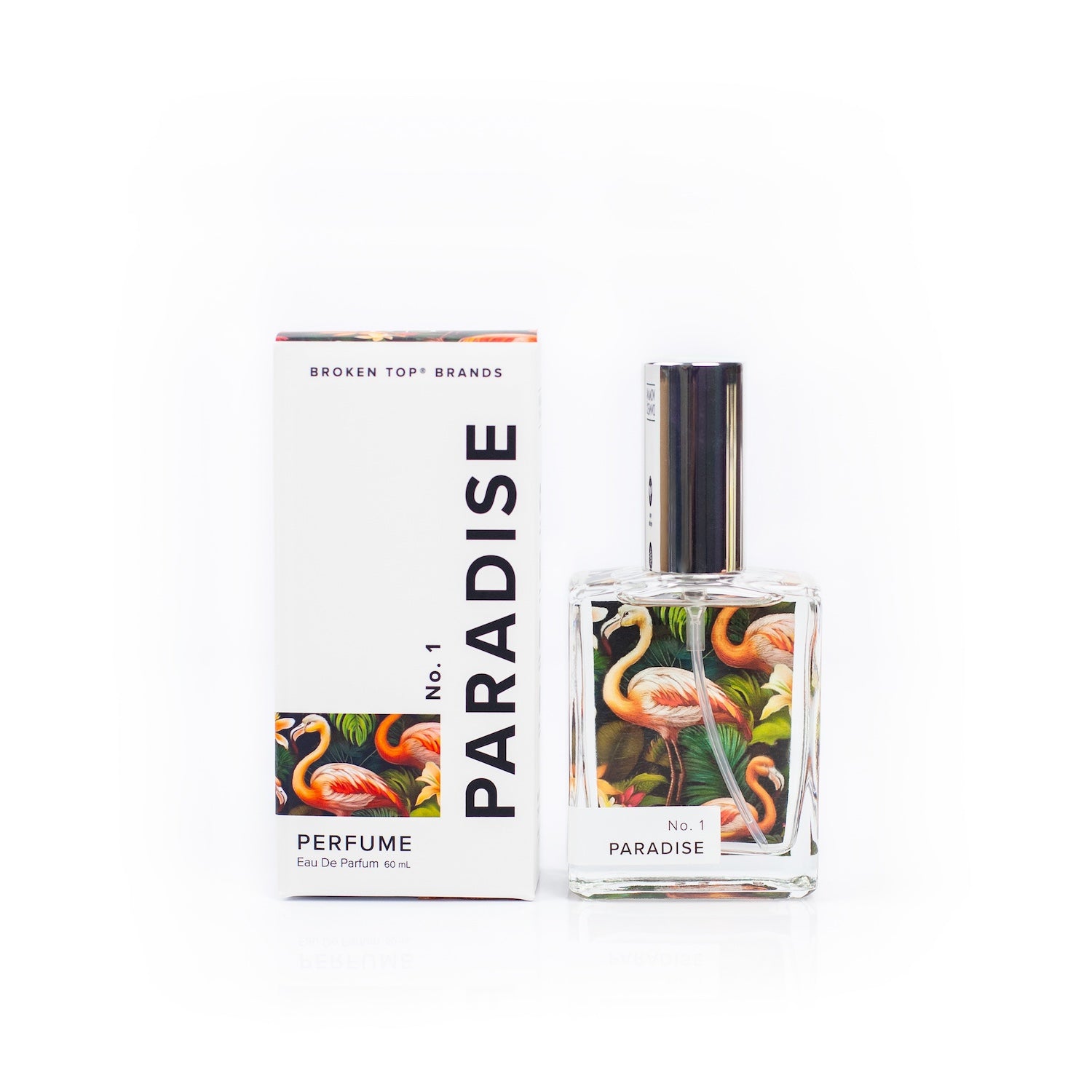 Paradise perfume bottle and packaging with flamingo design on a white background
