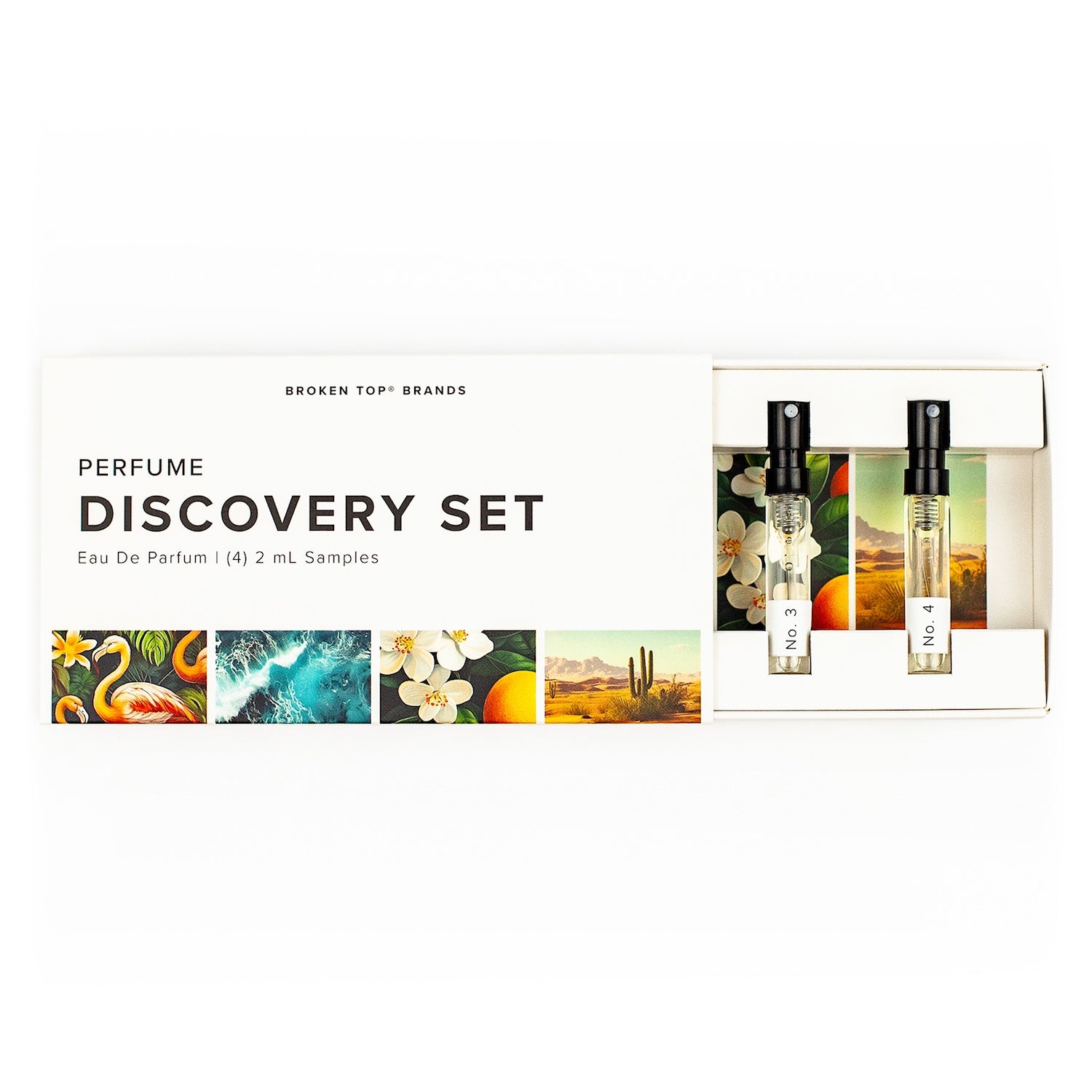 Perfume Discovery Set open on white background. 