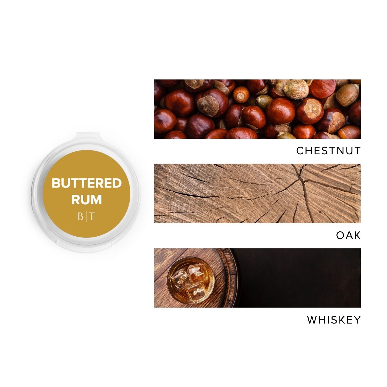 Buttered Rum Scent Sample next to scent note images of chestnut, oak, and whiskey. 