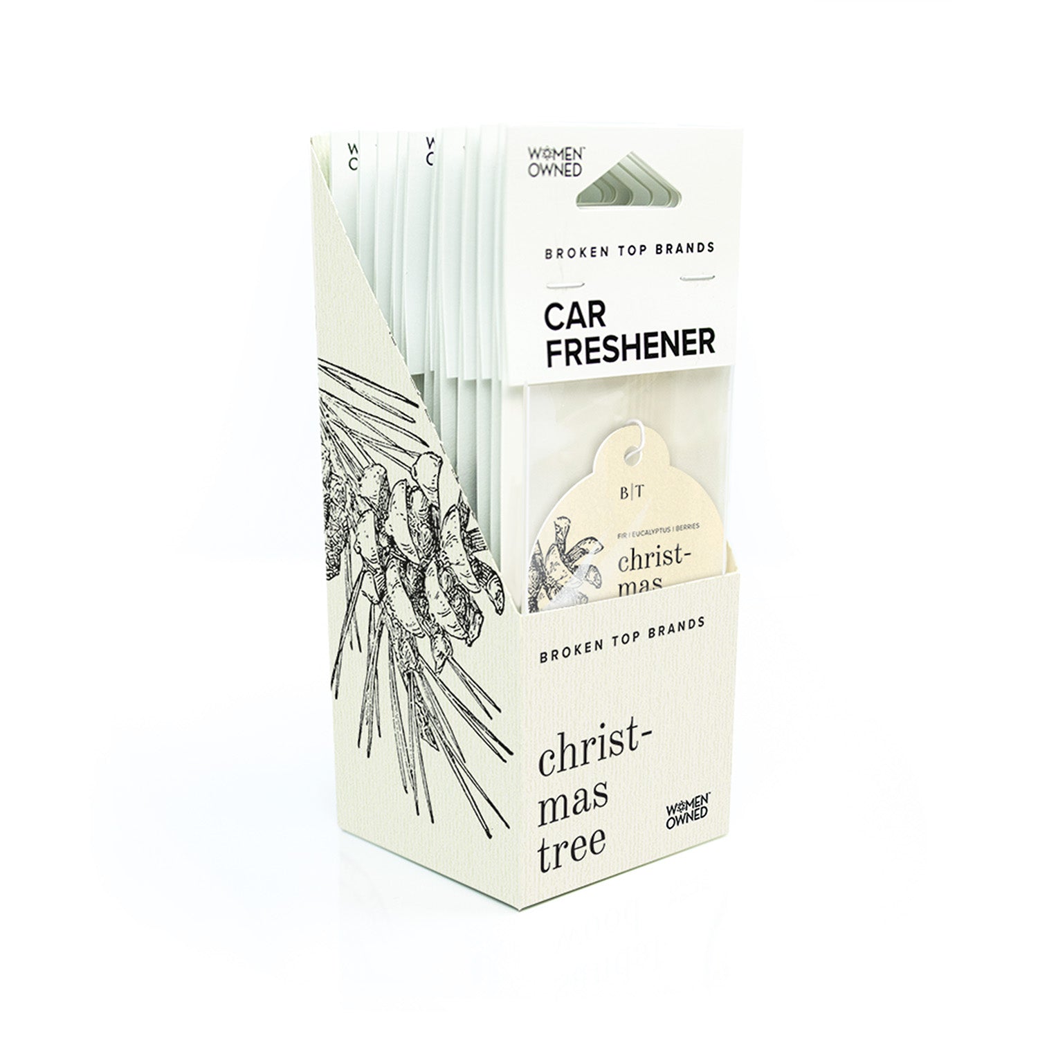 Christmas Tree car freshener pack on white background.