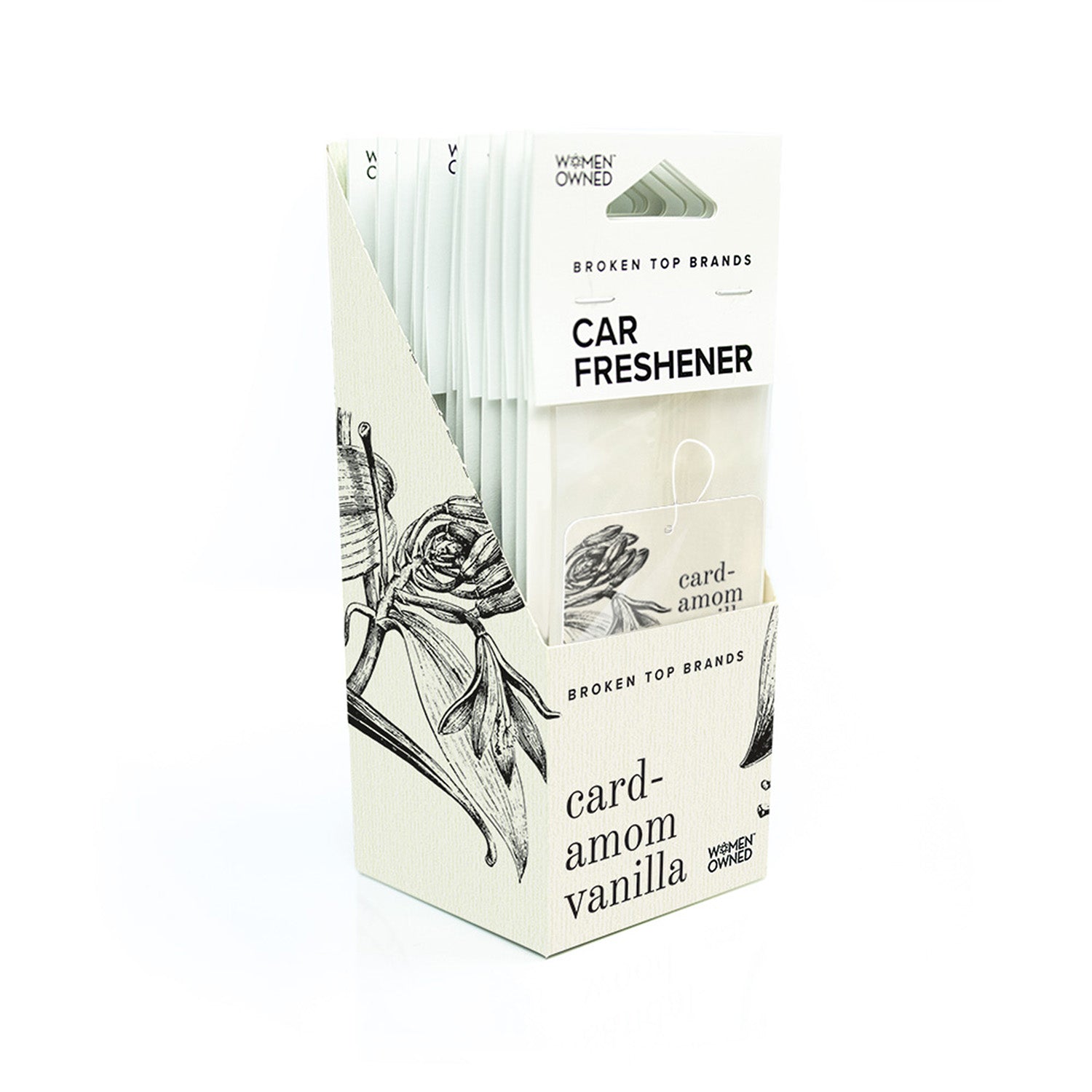 Cardamom Vanilla car freshener pack on white background.