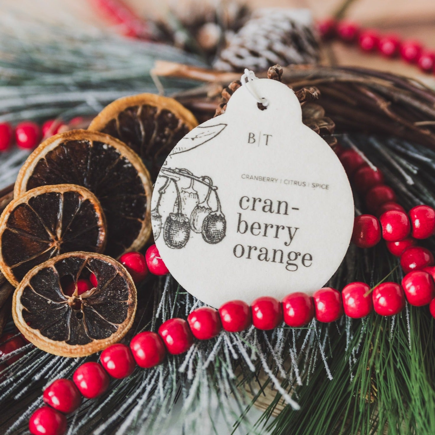 Cranberry Orange on pine needles surrounded by holiday decor