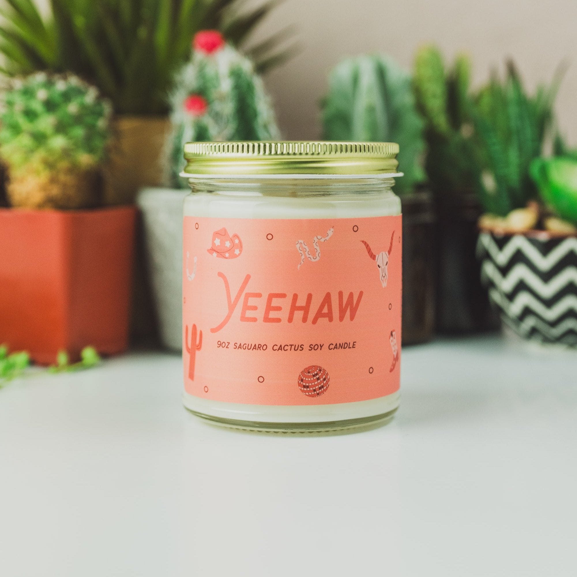 9oz 'Yeehaw' Soy Candle on a countertop with various small plants. 