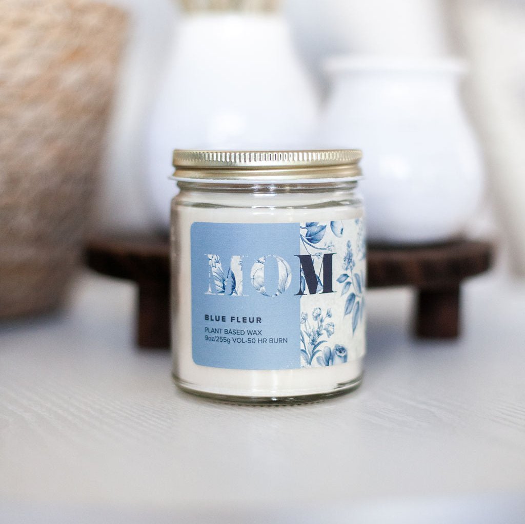 9oz 'Blue Fleur' Soy Candle on white table