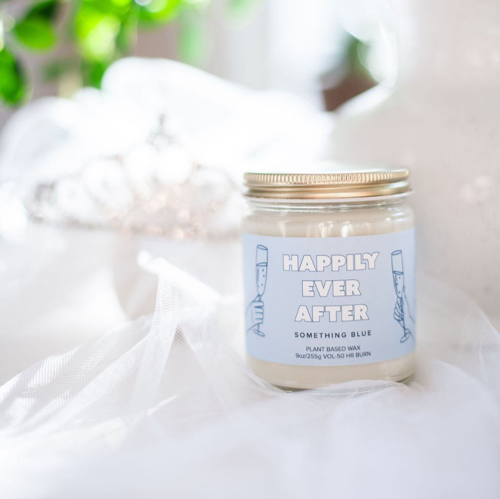 9oz 'Happily Ever After' Soy Candle on white veil on white table