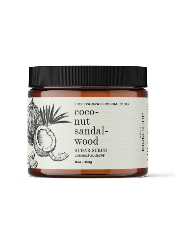 16oz Coconut Sandalwood Sugar Scrub on white background