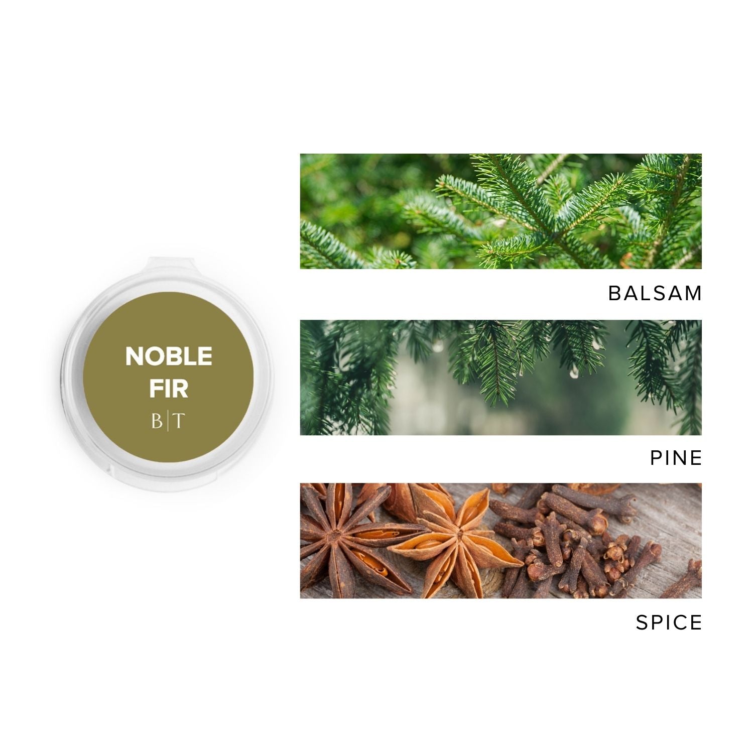 Noble Fir Scent Sample next to scent note images of balsam, pine, and spice. 