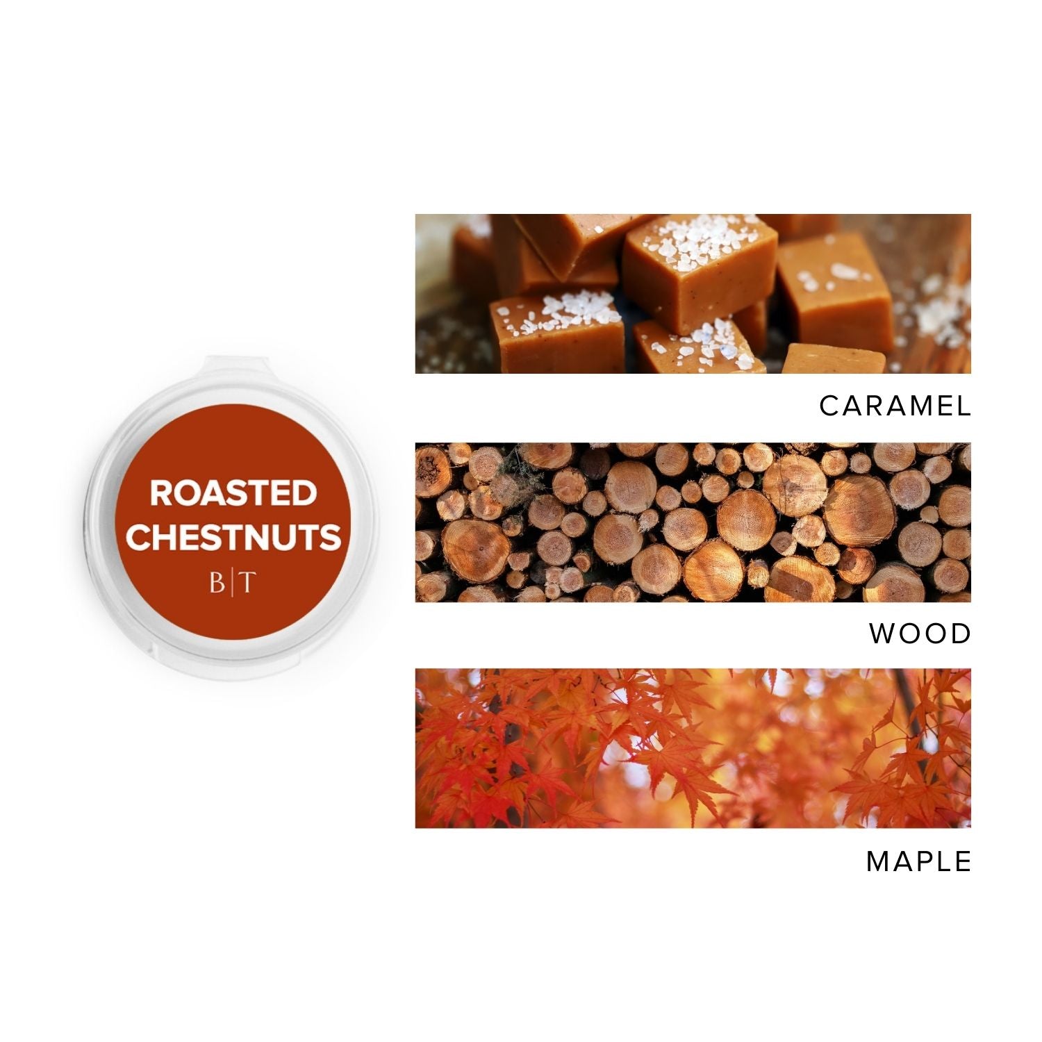 Roasted Chestnuts Scent Sample next to scent note images of caramel, wood, and maple. 