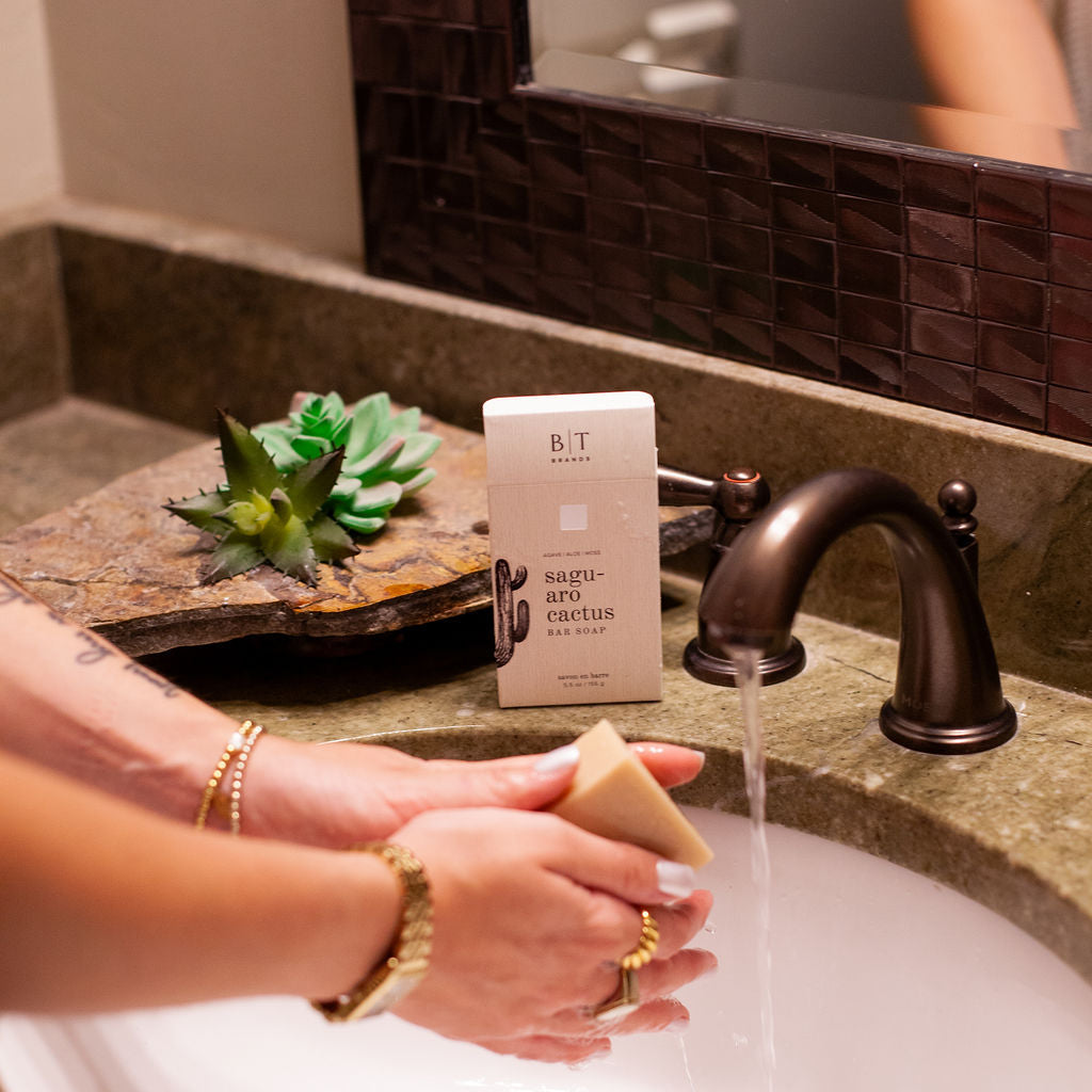 Saguaro Cactus Bar Soap being used in bathroom sink. 