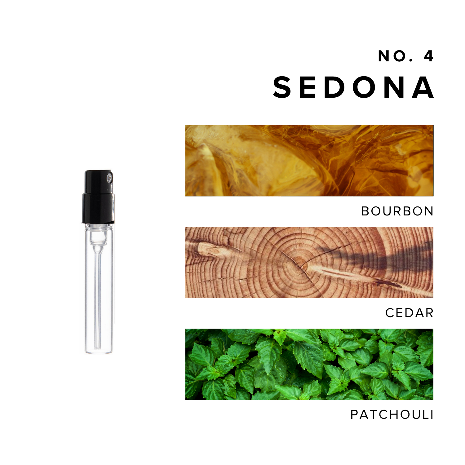 Sedona Perfume Sample with images of scent notes bourbon, cedar, and patchouli. 