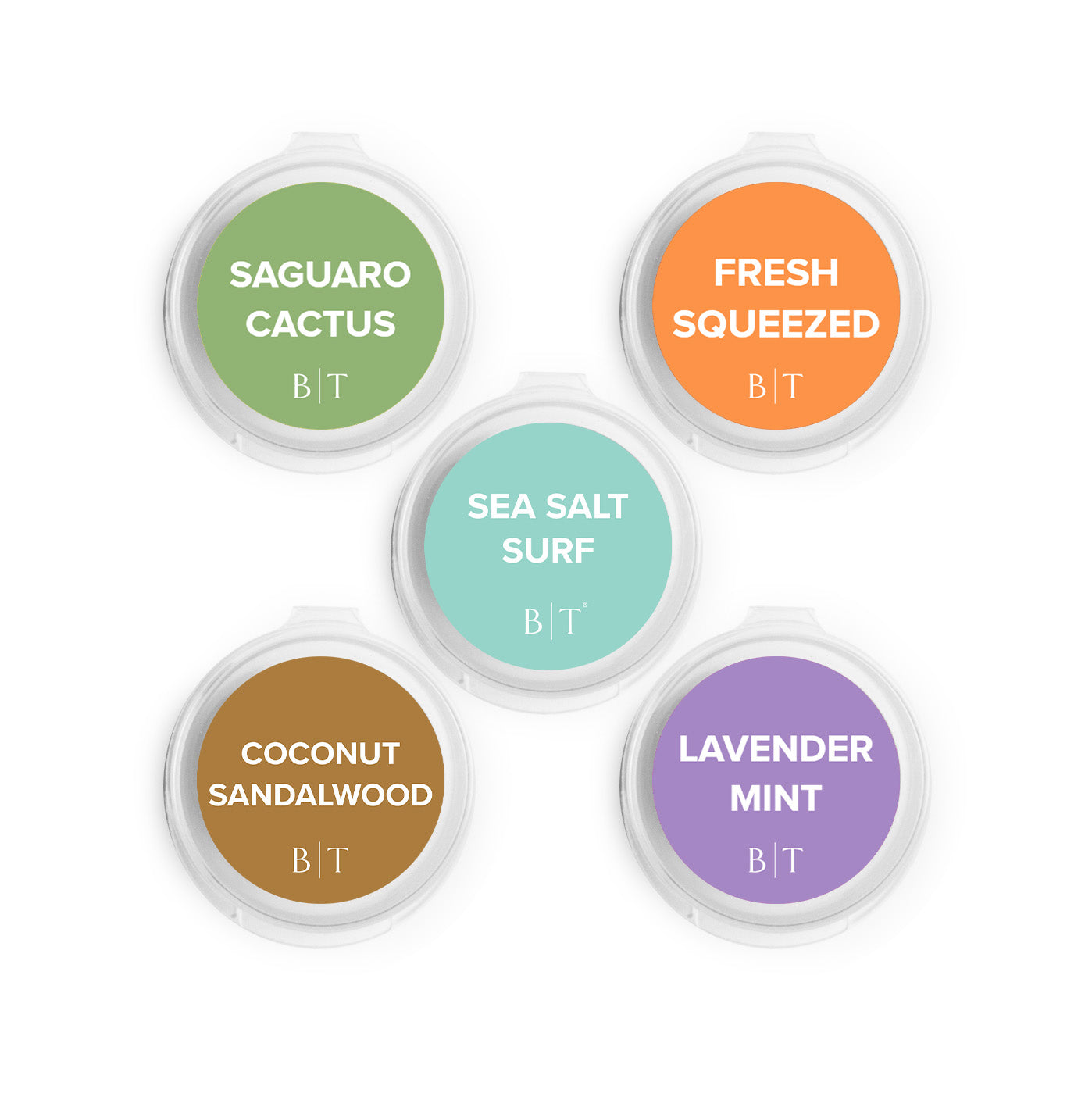 Saguaro Cactus, Fresh Squeezed, Sea Salt Surf, Coconut Sandalwood, and Lavender Mint Scent Samples on white background. 