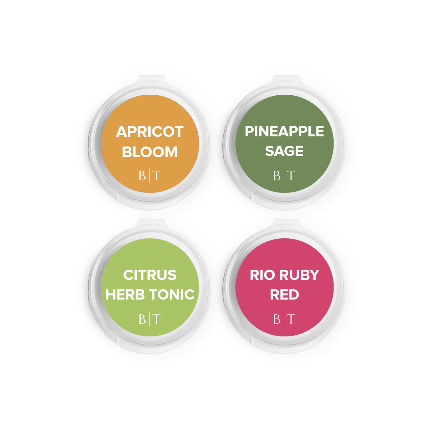 Apricot Bloom, Pineapple Sage, Citrus Herbed Tonic, and Rio Ruby Red Scent Samples on white background. 