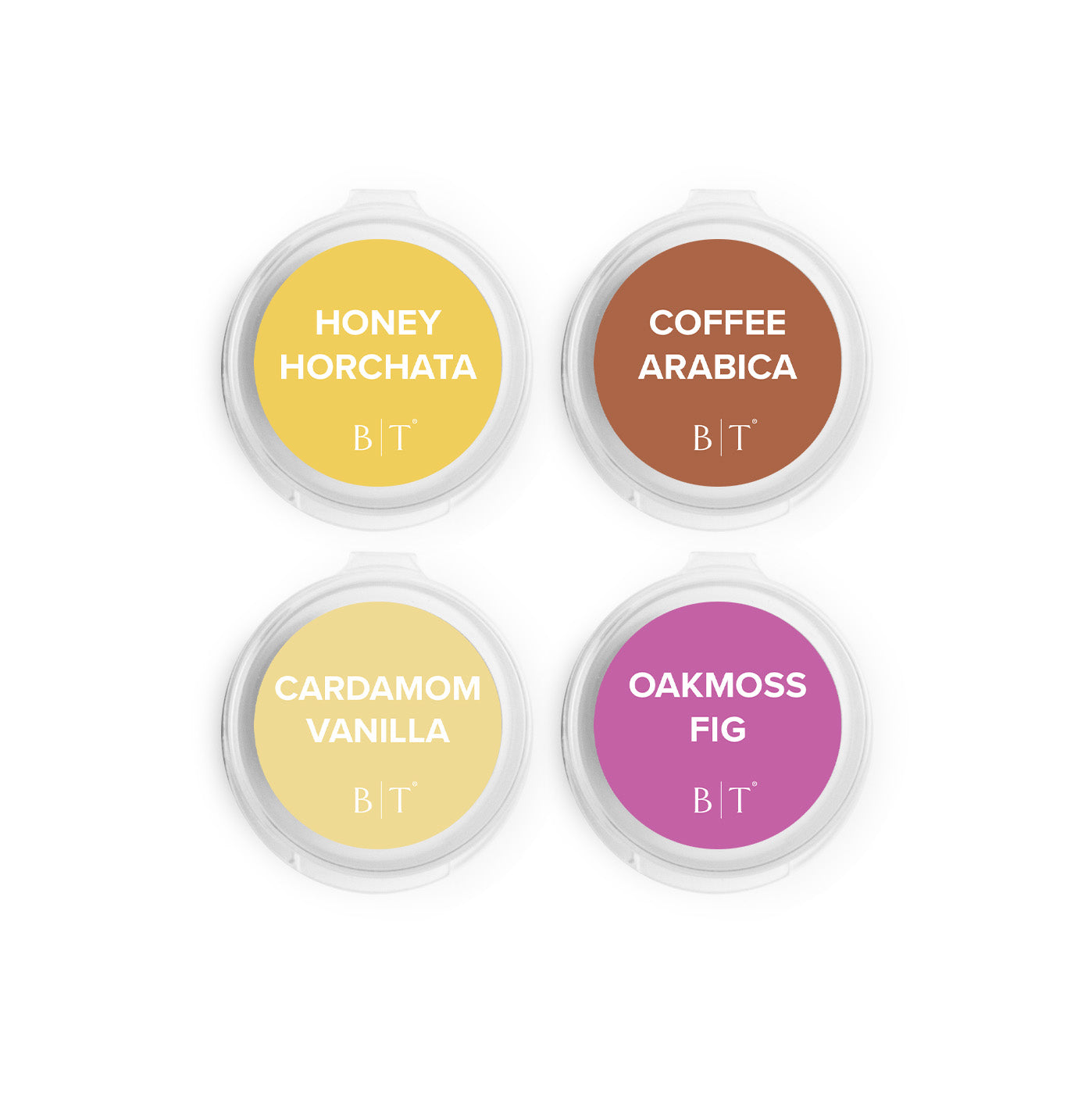 Honey Horchata, Coffee Arabica, Cardamom Vanilla, and Oakmoss Fig Scent Samples on white background. 