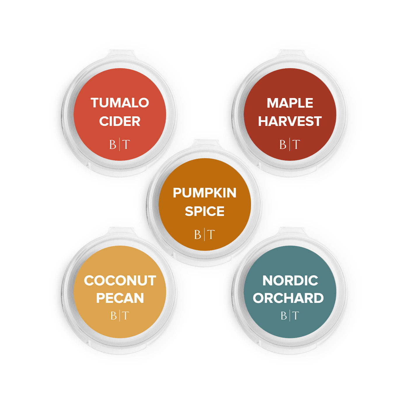 Tumalo Cider, Maple Harvest, Pumpkin Spice, Coconut Pecan & Nordic Orchard Scent Samplers on white background. 