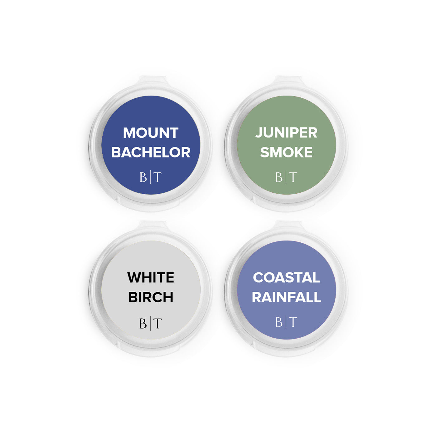 Mount Bachelor, Juniper Smoke, White Birch, and Coastal Rainfall Scent Samples on white background. 