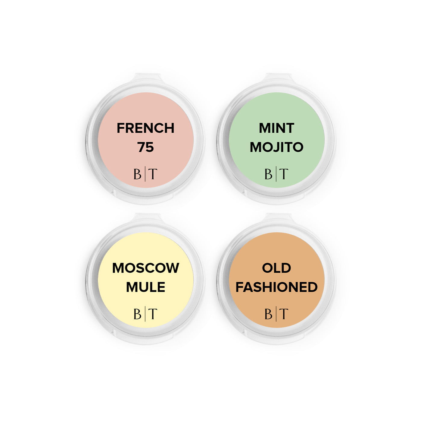 French 75, Mint Mojito, Moscow Mule, and Old Fashioned Scent Samples on white background. 