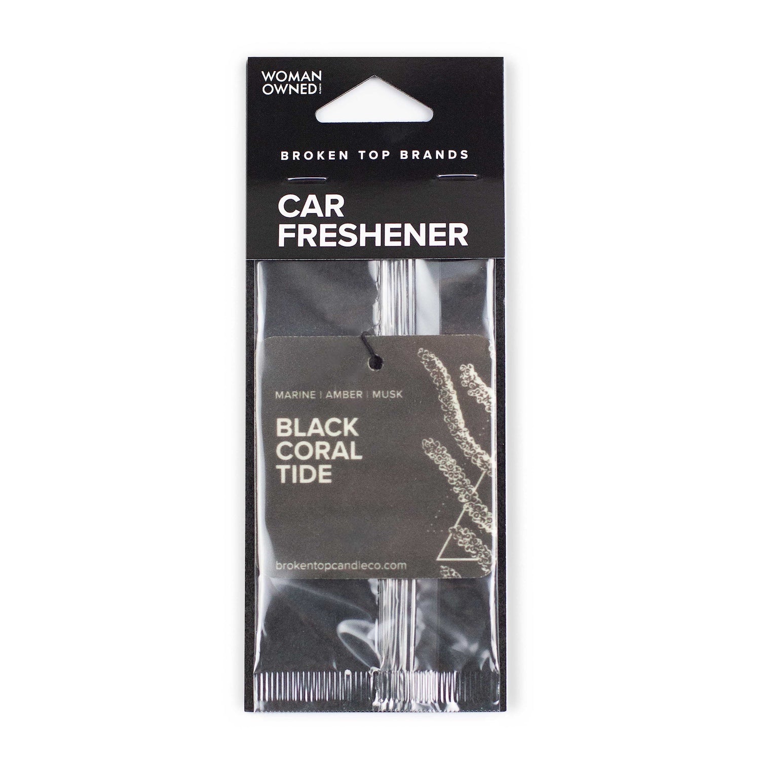 Black Coral Tide Car Freshener on white background. 
