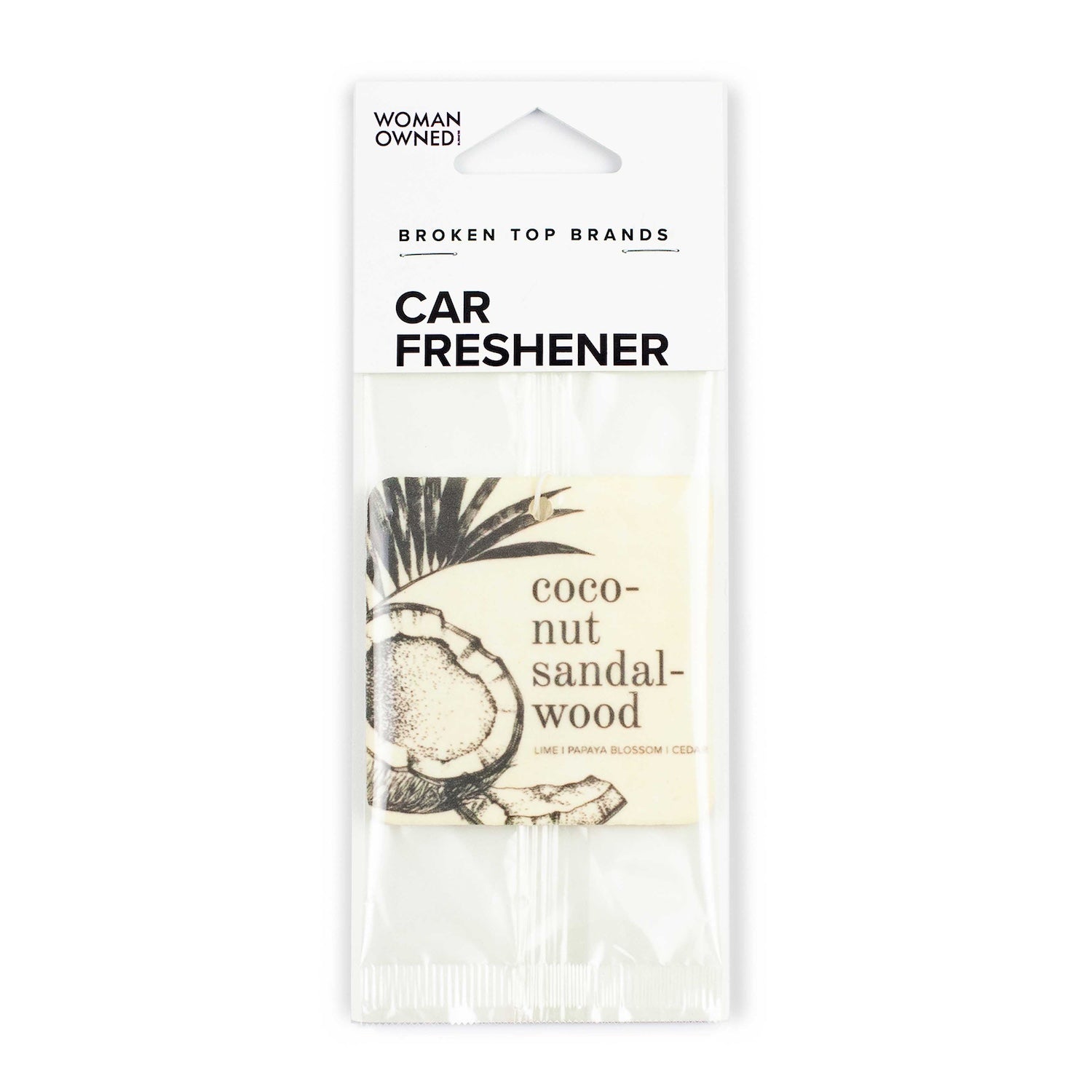 Coconut Sandalwood Car Freshener on white background.