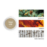 Yule Log Scent Sample next to scent note images of spruce, amber, and birchwood. 